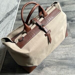 Ted baker overnight bag. Tan/brown leather and canvas. Shoulder strap incl.
